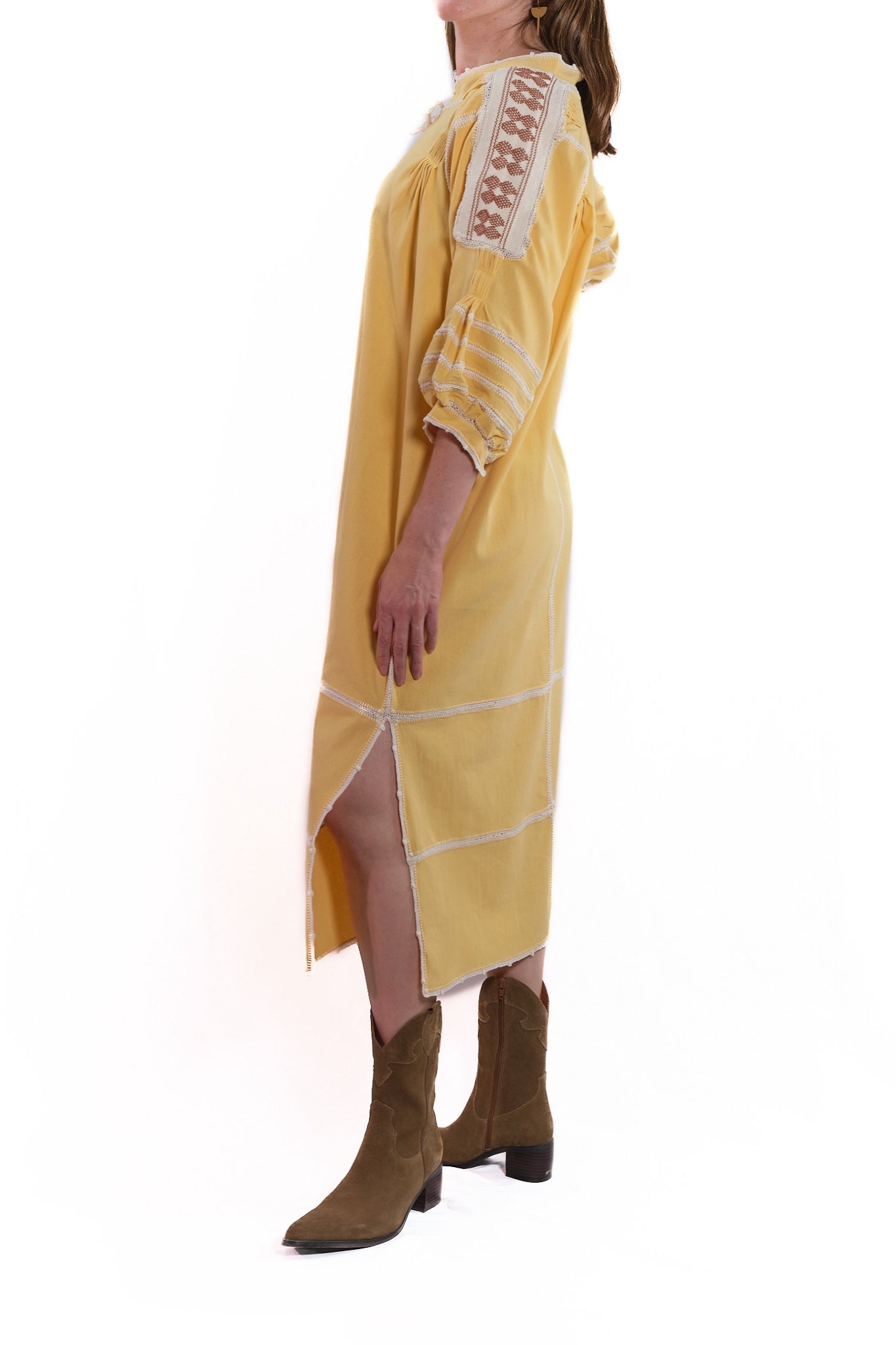 Odilia Dress yellow with white and brown embroidery