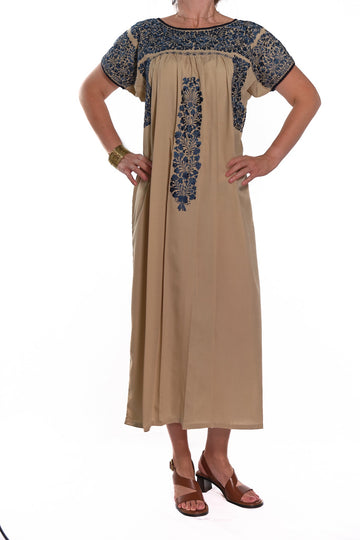 San Antonino Dress beige with blue embroidery