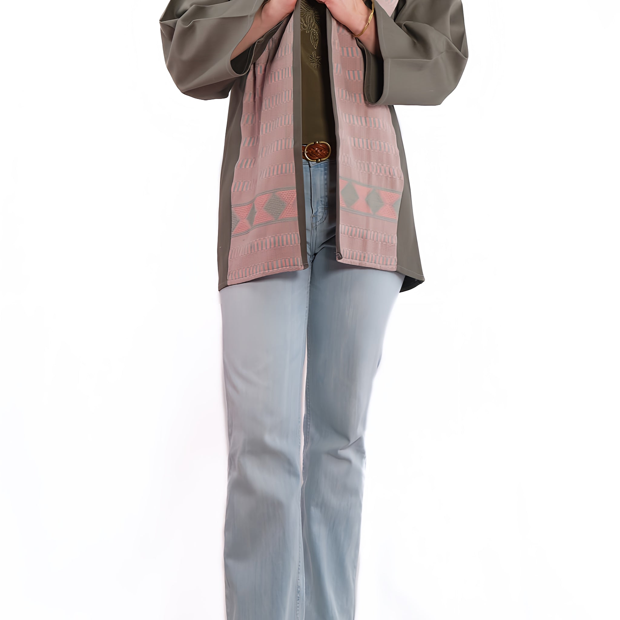 Lourdes Long Jacket grey with pink  front 2
