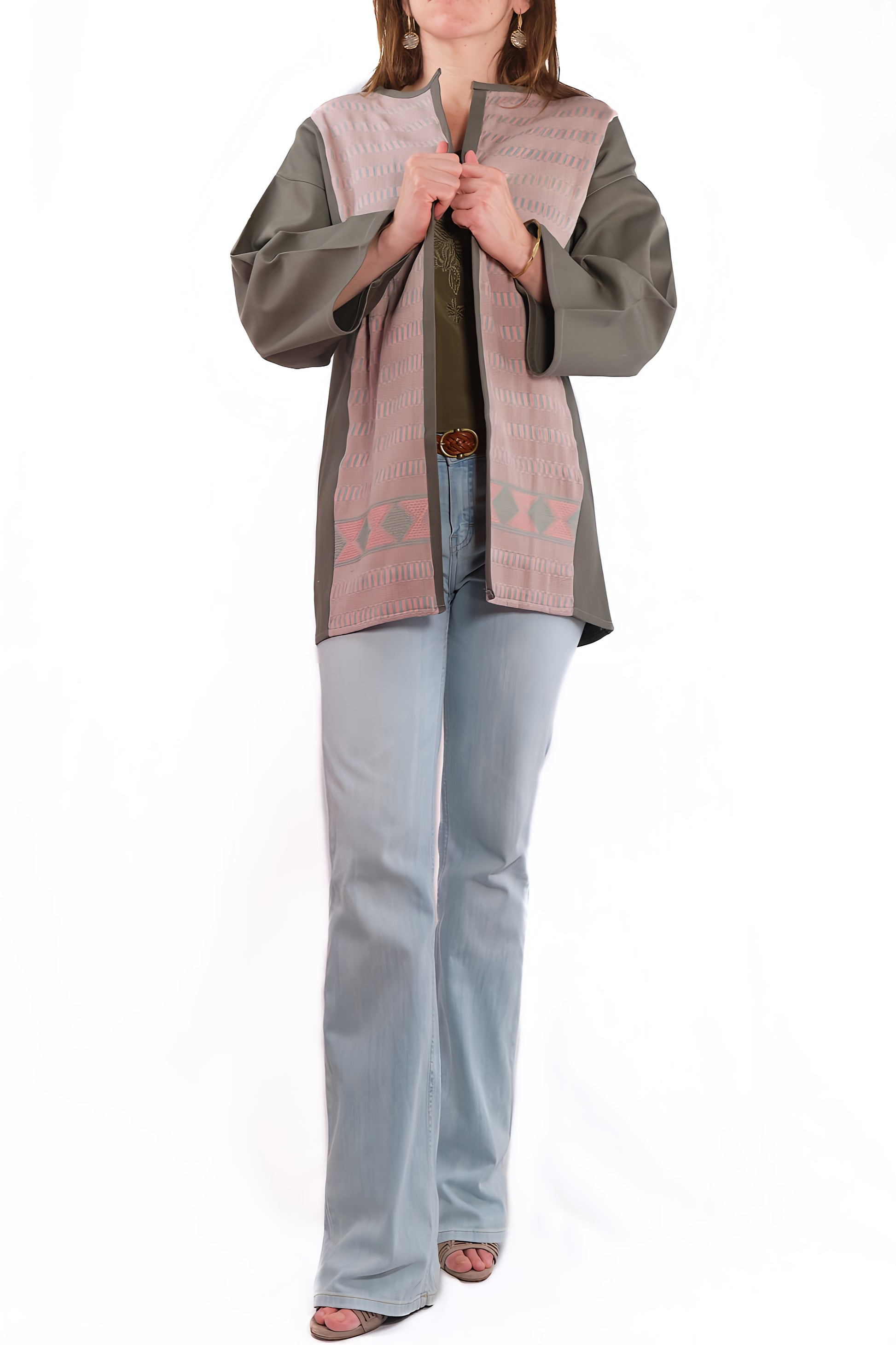 Lourdes Long Jacket grey with pink  front 2
