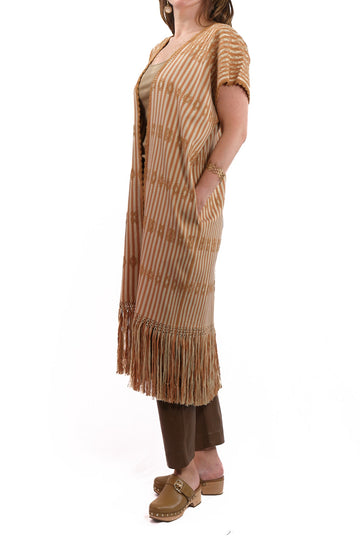 Huipil Vest San Juan ecru white and brown striped with brocade in brown